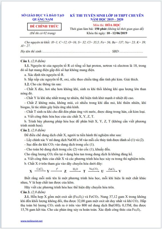 ĐỀ THI TUYỂN SINH VÀO LỚP 10 MÔN HÓA HỌC TRƯỜNG CHUYÊN NĂM HỌC 2019 - 2020 + ĐÁP ÁN (FILE WORD + PDF)
