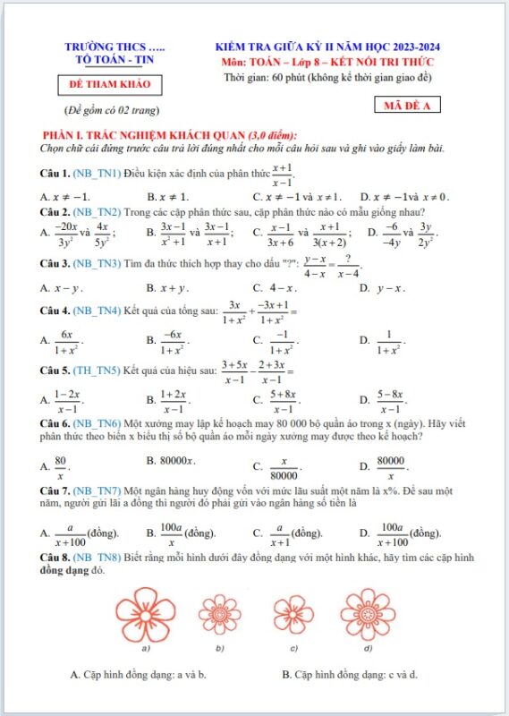 Đề thi giữa Học kì 2 năm 2023-2024 môn Toán lớp 8 có đáp án - Kết nối tri thức  (FILE WORD + PDF)